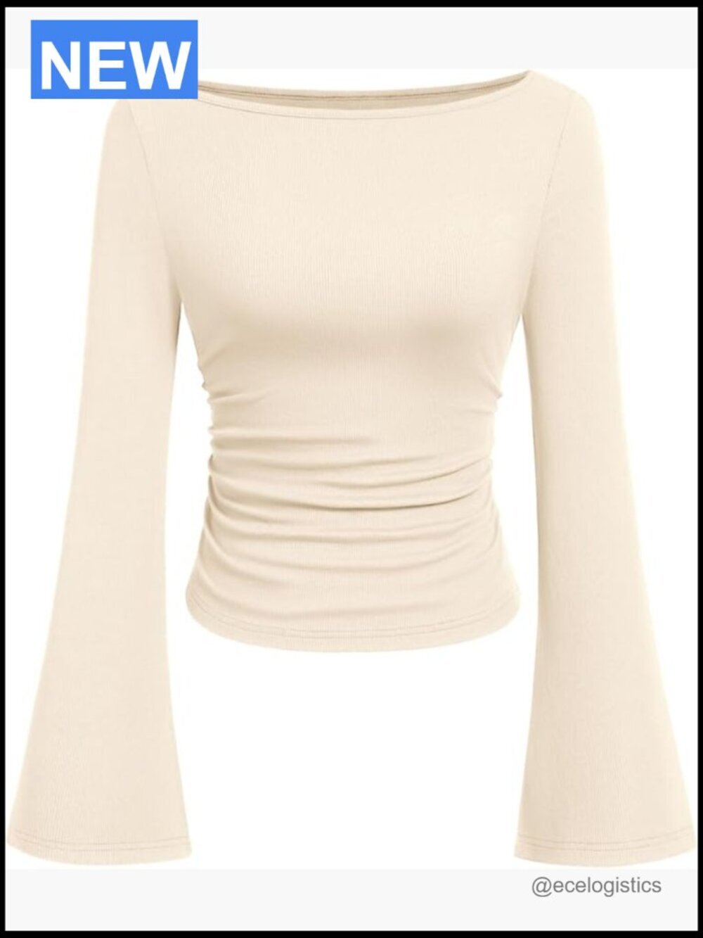 Long Sleeve Crop Top Boat Neck Bell Sleeve Ribbed Ruched Y2K Casual Tee